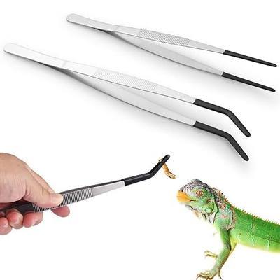 2-Pack Reptile Feeding Tongs with Soft Rubber Tips - 10" & 11.8" Extra Long Curved/Straight Aquarium Tweezers for Bearded Dragons, Snake Feeding & Terrarium Maintenance,Stainless Steel