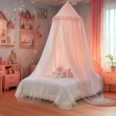 Princess Bed Canopy for Girls, Double Layer Canopy Fits Twin/Full Bed - Fairy Bed Tent for Kids Room Decor(with Cutout Stars,Pink)