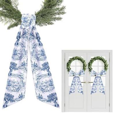 Blue French Toile Sash for Wreaths - 2 Pcs Rustic Wreath Sashes for Front Door Kitchen Cabinet, Wreath Sash for Monogram Embroidery Farmhouse Home Decor