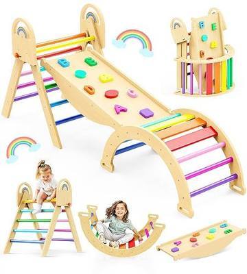 Pikler Triangle Set, 9-in-1 Montessori Climbing Toy for Toddlers, Foldable Wooden Indoor Jungle Gym & Playground Climber for Learning and Motor Skills (18 Months–7 Years)