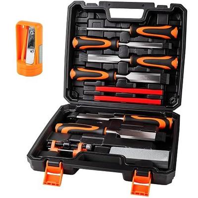 11PCS Wood Chisel Sets((1/4", 1/2", 3/4", 1", 1-1/4", 1-1/2") | Cr-V bevel edge chisels, with honing guide, sharpening stone, carpenter pencils& sharpener, great for home woodworker/DIY use