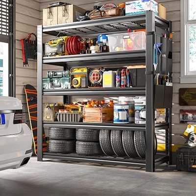 REIBII Storage Shelves,Heavy Duty Garage Shelving Load 2500LBS,5-Tier Metal Shelving Units with Tool Storage Bag, Adjustable Shelving Industrial for Basement Garage Organization,38.2" W x66 H x16 D