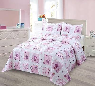 Kids Zone Collection Bedspread Set Kids/Teens with Crowns and Flowers Princess Theme Quilted Bedding Set Pink and Purple Full/Queen New # Crown