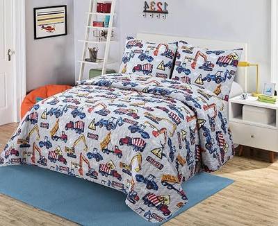 Kids Zone Collection Bedspread Set Construction Vehicles Kids Bedding Set Blue and White Pattern with Trucks and Excavators Full/Queen New # Const-2