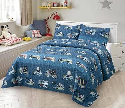 Kids Zone Collection Bedspread Set Kids/Teens Construction Vehicles Quilted Bedspread Set Construction Trucks Pattern Blue Full/Queen New # C-Mixer