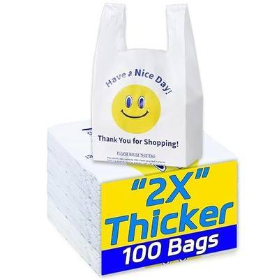 YovhVon 0.8Mil(20 Microns), 100 Count, Plastic Bags with Handles, T-Shirt bag, Thank You bags, Shopping Bag, Grocery Bag, |for Store, Carry, Pack|, White, 1/6 Barrel, Large 11"x6"x21", Heavy Duty