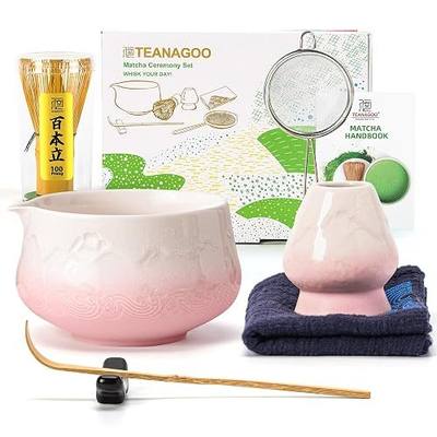 TEANAGOO 7 Pcs Matcha Whisk Set, Pink Matcha Set, Ceremony Matcha Powder Kit,Matcha Tea Set for Making Latte,Matcha Whisk Set and Bowl with Scoop&Sifter,Fuji Design Ceramic Bowl,Gift for Matcha Lovers
