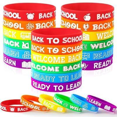JUNEBRUSHS 42pcs Back to School Bracelets First Day of School Gifts | Rubber Wristbands, Welcome Bracelets for Students, School Prize Decorations Accessories Stuffers Fillers, 6 Designs