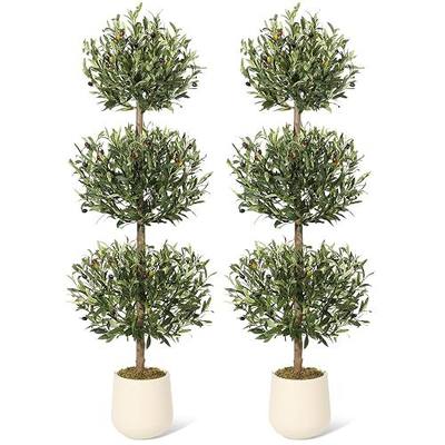 GarveeHome 5FT Artificial Olive Tree, Triple Ball Topiary Fake Plants | 2Pcs Outdoor Indoor Realistic Faux Shrubs Tree with Moss & Pots, Round Bushes Fake Shrubs Potted for Home Porch Decor