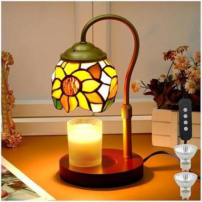 Candle Warmer Lamp - Electric Candle Lamps Timer Dimmer, Sunflower Tiffany Style Stained Glass Candle Warming Lamp Compatible with Jar Candles Valentine Birthday Gifts for Mom Friend Wax Melt Warmer