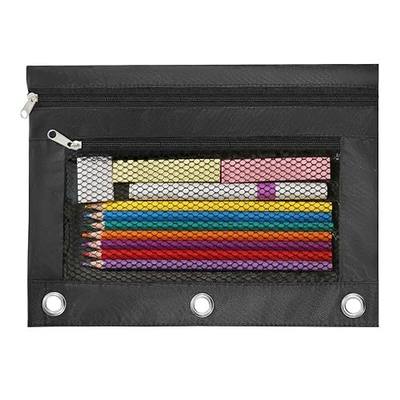 3 Ring Pencil Pouch for Binder, 2-Pocket Zipper Pencil Case with Clear Window & Mesh Pocket, 600D Oxford Fabric Binder Pouch for School Office Supplies, Fits Standard 3-Ring Binders, Black