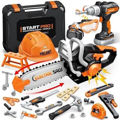 Kids Tool Set Toys, Christmas Birthday Gifts for Boys Ages 3 4 5 6 7 8 | 48 Pcs Toddler Tool Set with Portable Tool Box, Electronic Drill Toy, Electric Chainsaw Toy, Construction Tools Kit, Orange