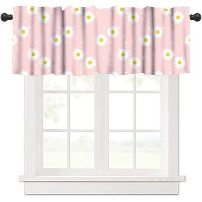 Pink White Daisy Valance Curtain, Cartoon Cute Spring Colorful Daisy Floral Print Rod Pocket Short Window Treatment for Girls Bedroom Living Room Kitchen, 54x18inch