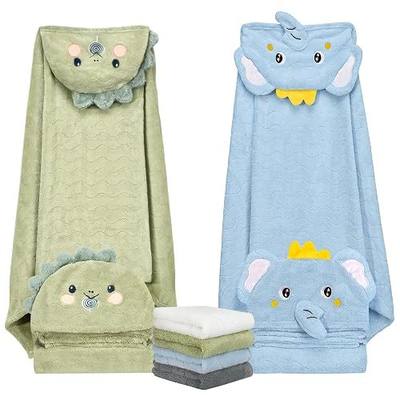 6PCS Toddler Towels Set, 55 x 27in Baby Bath Towels for Newborn Essentials | Animal Hooded, Ultra Soft Absorbent, 2 Baby Towels & 4 Washcloths for Boy Girl 0-5 Year Toddler Gift, Dinosaur & Elephant