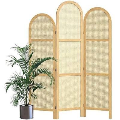 3-Panel Hand-Woven Rattan Room Divider, Tall Foldable Privacy Screen with Wooden Frame - Freestanding Portable Partition for Home Office, Bedroom, Bathroom(Natural-Wave)