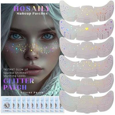HOSAILY 24 pcs Holographic Multichrome Glitter Freckles Face Tattoo, Waterproof Sparkle Face Glitter Speckles Patches for Women, Cute Star Glitter Temporary Tattoo Makeup Accessories for Festival Rave