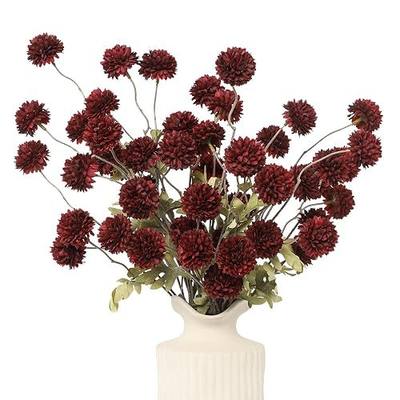 DuHouse 6pcs Faux Silk Pompon Mum Small Chrysanthemum Ball Burgundy | Silk Small Mini Chrysanthemum Ball with Stems for DIY Wedding Bouquets Centerpieces Vase Home Table Kitchen Decorations