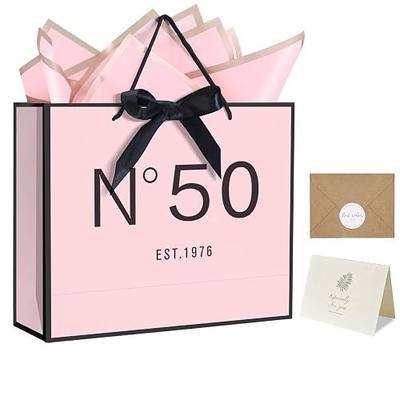 13" Birthday Gift Bag with Card Envelope Sticker Bow Ribbon and Tissue papers for Women Girls Design with Handles,13th-100th (EST.1976 50th, 13" W x 10.5" H x 4.3" D)