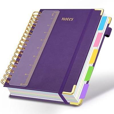 Hardcover Spiral Notebook 8"x10" Journal Notebook with Tabs and Removable Dividers 300 Pages 5 Subject Notebook College Ruled, Faux Leather Spiral Bound Notebook for Women School Work (Purple)