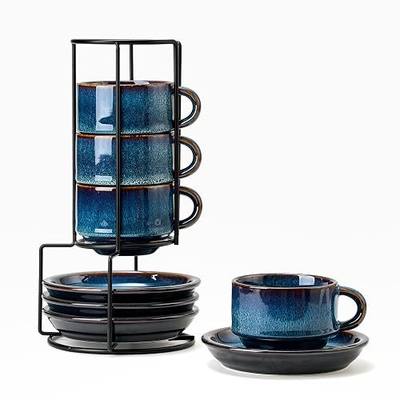 JIEMEI HOME Porcelain Stackable Cappuccino Cups with Saucers and Metal Stand, 7 Ounce Espresso Cups for Latte Coffee Cafe, Specialty Coffee Drinks, Cappuccino and Tea - Set of 4, Midnight Tide