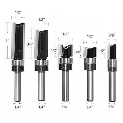 Pattern Flush Trim Router Bit 1/4 Shank Carbide Tipped Router Template Bit 1/4 Pattern Router Bit with Top Bearing - 5 PCS Flush Cut Router Bit for Engraving, Edge Trimming, Template Routing