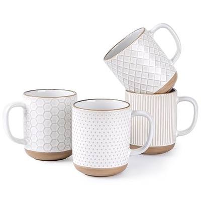 GBhome Coffee Mugs Set of 4, 16 oz White Coffee Cups with Large Handle | 4 Assorted Designs, Embossed Ceramic Coffee Mugs for Coffee/Tea/Cappuccino, Dishwasher&Microwave Safe