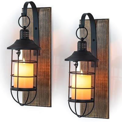 Wall Candle Sconce with Black Lantern, Set of 2 Farmhouse Decor | Candle holders with Distressed Wood Boards, for Front Porch, Living Room, Dining Room, Bedroom or TV wall