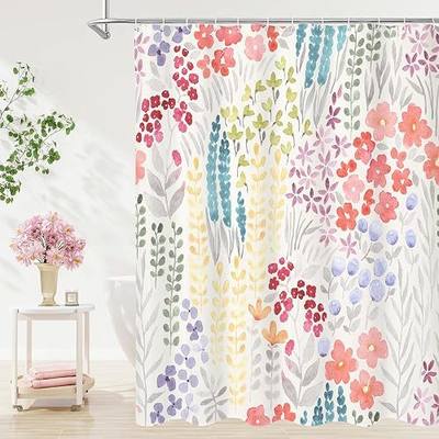 Litabel Cute Colorful Floral Shower Curtain, Boho Blush Pink Flower Shower Curtains for Girls Bathroom Decor, Wildflower Trendy Botanical Waterproof Kids Bathroom Curtain 72x72 Inch