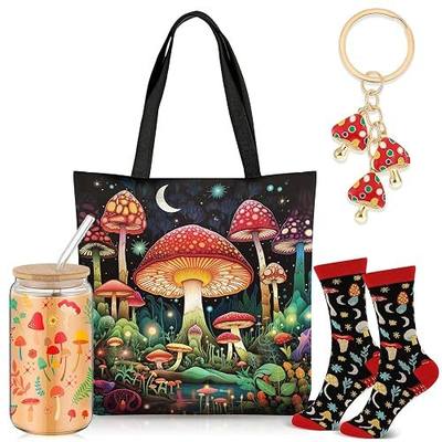 Paterr 4 Pcs Mushroom Gifts for Women, Mother's Day Mushroom Lover Gift for Mom Birthday Decorations, with Canvas Tote Bag 16oz Glass Coffee Cup with Straw Socks Cute Keychain