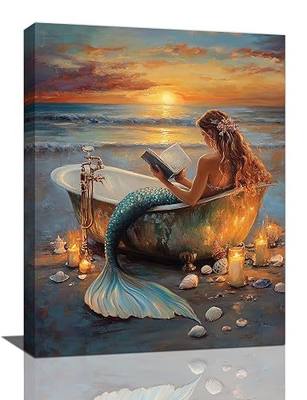 Beach Mermaid Bathroom Wall Art, Mermaids Reading in Bathtubs Canvas Wall Decor, Rustic Coastal Sunset Framed Painting, Ocean Artwork for Living Room Bedroom 16L'' × 12W''