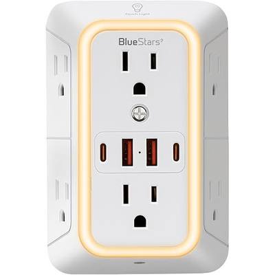 Wall Mount Power Strips Wall Charger 6 Outlet Extender 4 USB Ports (5V, 2.4A, 12W) and Night Light 3-Sided Power Strip with Adapter Spaced Outlets - Multi Plug Outlet Surge Protector for Home Office