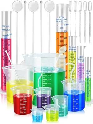 Artcome Plastic Graduated Cylinders and Beakers with 5 Pipettes, 10/25/50/100/250ml Cylinders, 10/25/50/100/150/250/500/1000ml Beakers, 5 Stirring Rods – Ideal for Science Lab, DIY, Halloween Decor