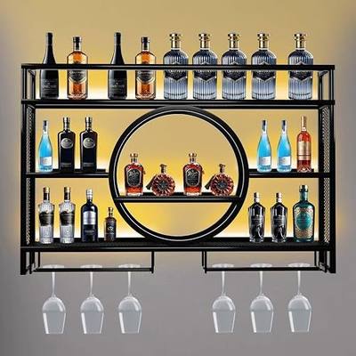 Wine Rack Wall Mounted with LED Light,Bar Liquor Shelf,Black,100*80*15 | Metal,3-Tier,Wine Glass Holder,Modern,Home Bar, Dining Room,Large Capacity Liquor Bottle Display Storage Shelf