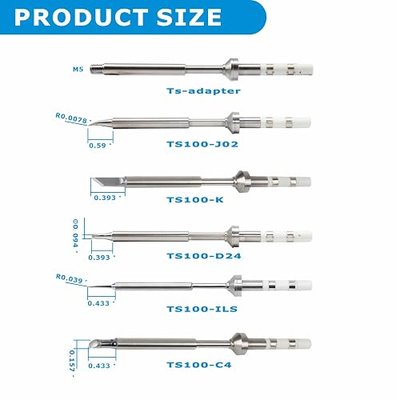6PCS TS100 Soldering Tips Kit with Threaded Insert Adapter, Compatible with TS100|TS101|/PinecilV2|pine64 Soldering Iron- Includes TS-C4, TS-K, TS-ILS, TS-J02, TS-D24, Fast Heating