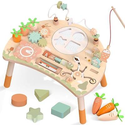 Wooden Activity Table for Toddlers, 9 in 1 Montessori Toy | Sensory Learning, Bead Maze, Shape Sorter, Fishing Game, Spinning Gears, Wood, CPSIA Certified, Gift for Boys Girls