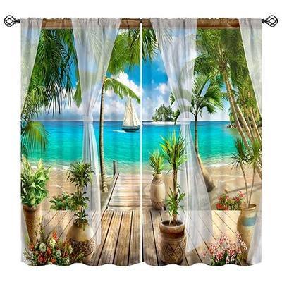 Landscape Curtains, Tropical Plants Palm Leaves Ocean Print Window Treatments, Rod Pocket Thermal Insulated Drapes 2 Panels Set for Bedroom Living Room Kitchen, 42" W x 45" L【Decor】