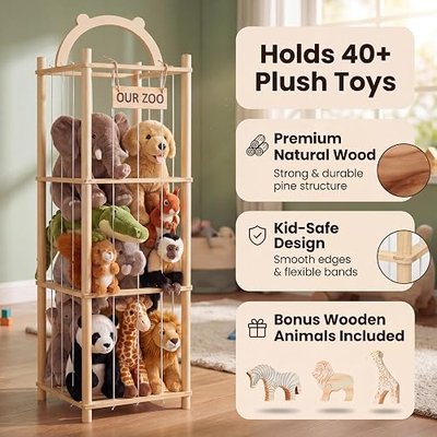 Stuffed Animal Storage & Organizer with 3 Animal Figurines Set, 60In Large Capacity Stuffy & Plushies Storage Holder for Playroom, Nursery, Bedroom & Kids Furniture