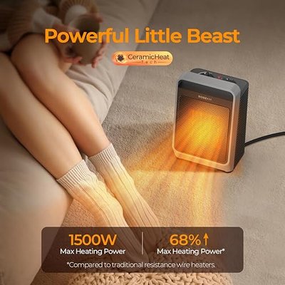 ROSEKM Space Heaters for Indoor Use, 1500W Portable Electric Heater with Thermostat, Ceramic Heater for Room Bedroom Office Under Desk with 3 Heating Levels, Safe Tip-Over Protection (Silver)