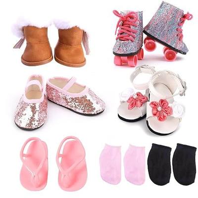 18 inch Doll Accessories, 5 Pairs of Doll Shoes+2 Socks 18” Doll Shoes Includes Snow Boots/Roller Skates/Sandals/Flip-Flops/Dance Shoes/Pink/Black Socks for American Doll Boy or Girl Dolls