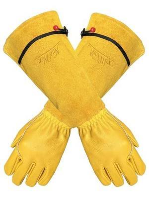 Heavy Duty Long Leather Garden Gloves Thorn and Cut Proof Garden Work Gloves (Yellow 2, Medium)