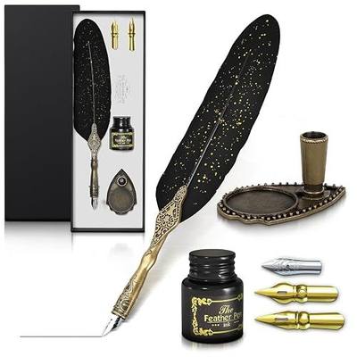 Feather Pen and Ink Set, 8 Pcs, 2 Extra Nibs, Inkwell, Stand (Black) | Vintage Feather Quill Pen and Ink Set; Stainless Steel Nib; Elegant Gift Box; for Calligraphy Beginners, Authors & Writers
