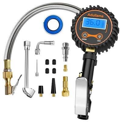 Digital Tire Pressure Gauge with Inflator, 250 PSI Heavy Duty Air Chuck Air Compressor Attachments, Improved Leaks Protection & Stainless Braided Hose Tire Gauge, 0.1 Display Resolution