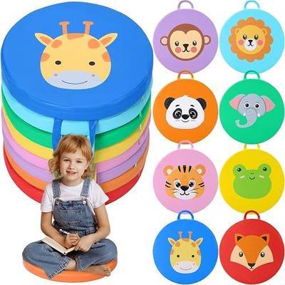 CroBlissful 8 Pcs 15 Inch Extra Thick Round Kids Floor Cushions Colored PU Leather Floor Pillow with Handle Flexible Seating for School Daycare Nursery Kindergarten Classroom Home Supplies