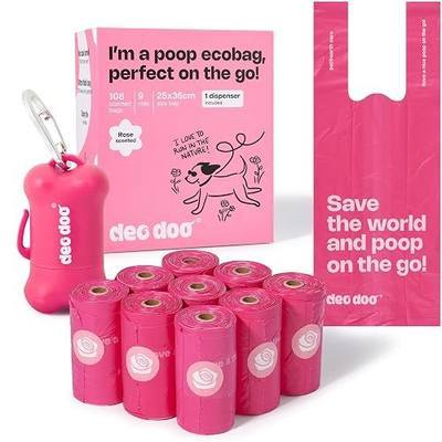 Deo Doo Dog Poop Bags with Handles & Holder, 108 Count, Rose Scented | Extra Thick Leak Proof, Easy-Tie Design for Small and Medium Dog Walks, Pet Waste Pickup and Cat Litter Cleanup