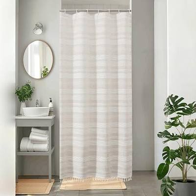 OVZME Linen Boho Stall Shower Curtain, Narrow Soft Fabric Striped Textured Bathroom Shower Curtain with Tassel, Modern Farmhouse Machine Washable Bath Decor, Linen, 36Wx72L Inches