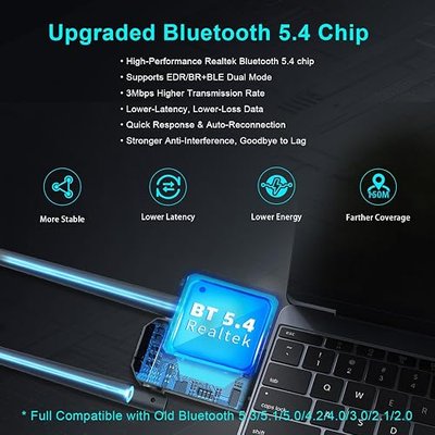 USB Bluetooth 5.4 Adapter for PC Laptop, Long Range 492FT Wireless Dongle Adaptor for Windows 11 10 8.1 7 Desktop, Plug and Play Bluetooth Mouse Keyboard Headphones Speaker Game Controller
