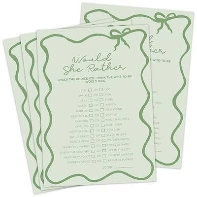 DEEKA 30 PCS Bridal Shower Games Card for 30 Guests Sage Green Wavy Border Ribbon Bow Funny Wedding Bachelorette Party Games for Reception (Would She Rather)