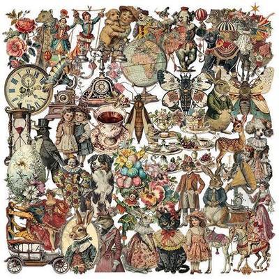 50 Pcs Vintage Victorian Ephemera Stickers – Clear Scrapbooking Supplies with Retro Animals, Flowers, Circus & Antique Objects – Aesthetic Journal Decor for Resin Crafts, Journals, Planners