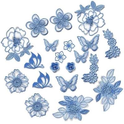 20PCS Blue Flower Lace Patches, Lace Sew On Patches for DIY Craft & Decor | Delicate Floral & Butterfly Design, Sheer Organza Fabric, Fine Embroidery Work, No Adhesive