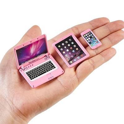 1/12 Dollhouse Furniture Decor Laptop Accessories, 1/6 Scale Minature Tablet Smart Phone Mini Stuff Doll House Furniture Play Set Accessories 3 Pcs (Pink)